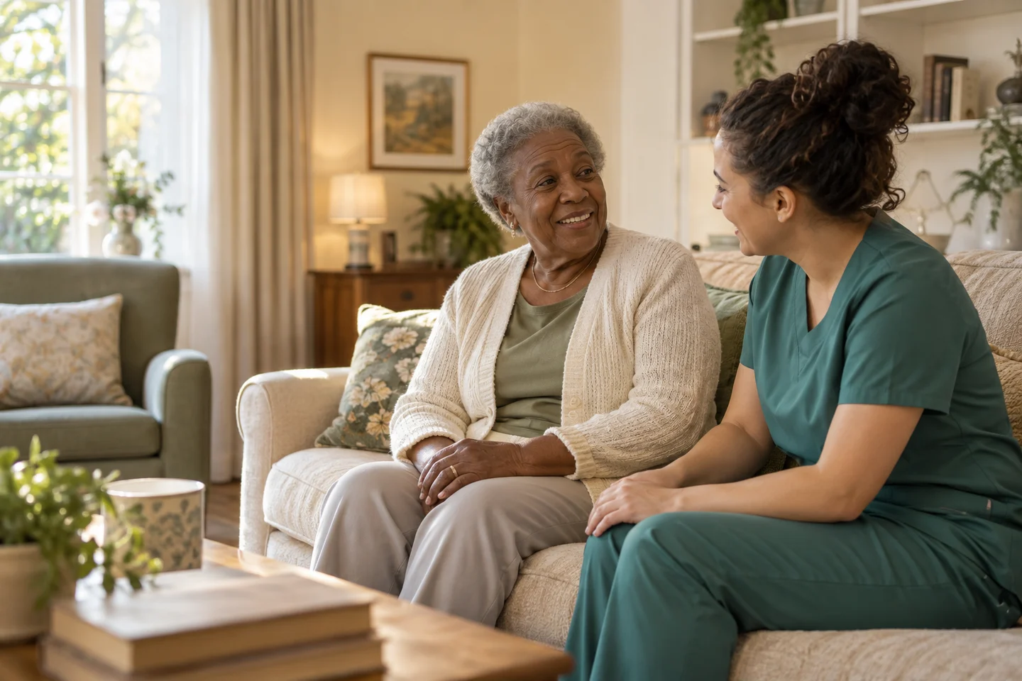 Illustration of an older woman and a caregiver sharing a conversation in a sunlit living room
